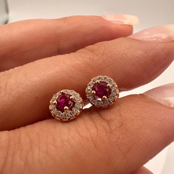 Jewelry - 3mm ruby and cz diamonds, rose gold over sterling silver stud earrings!